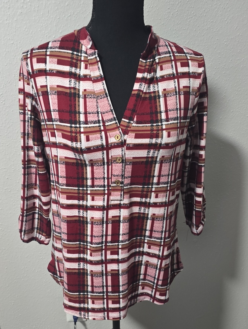 Claudia Richard Burgundy and Pink Plaid Henley Tunic